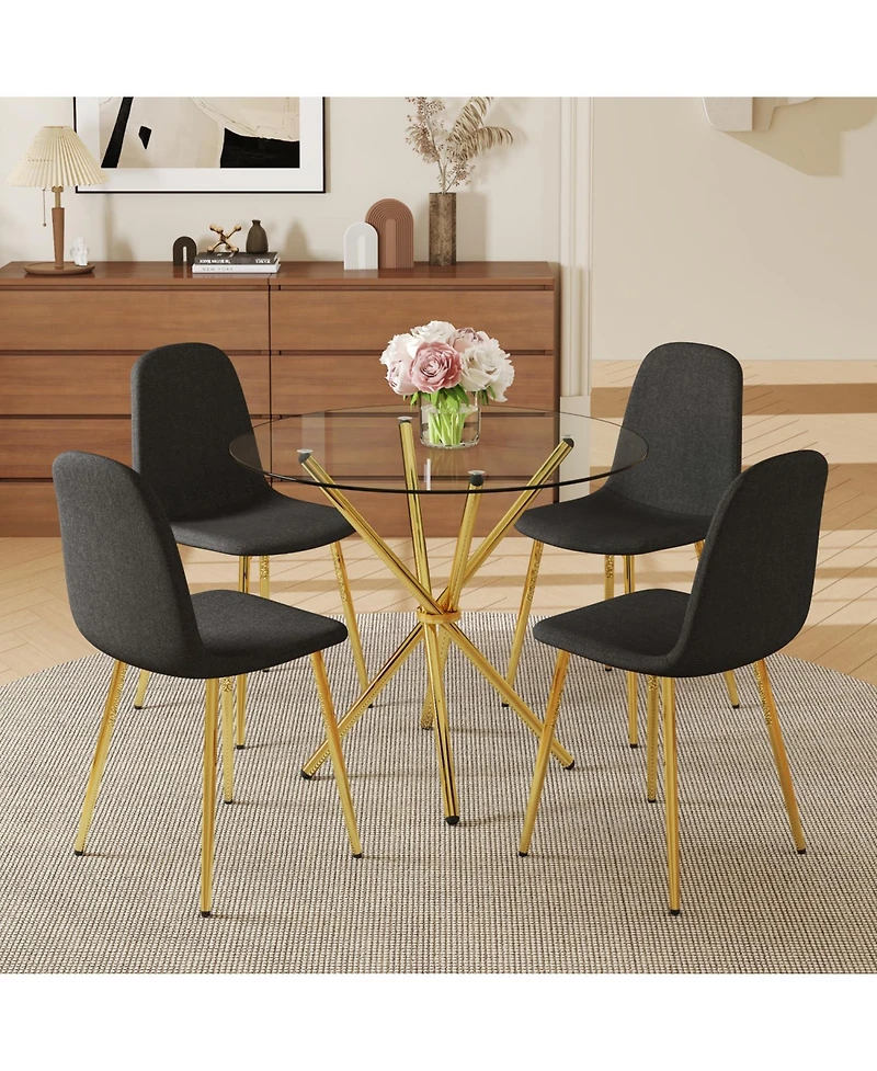 Streamdale Furniture Modern Luxe 4-Piece Dining Set - Round Glass Table & Black-Gold Chairs