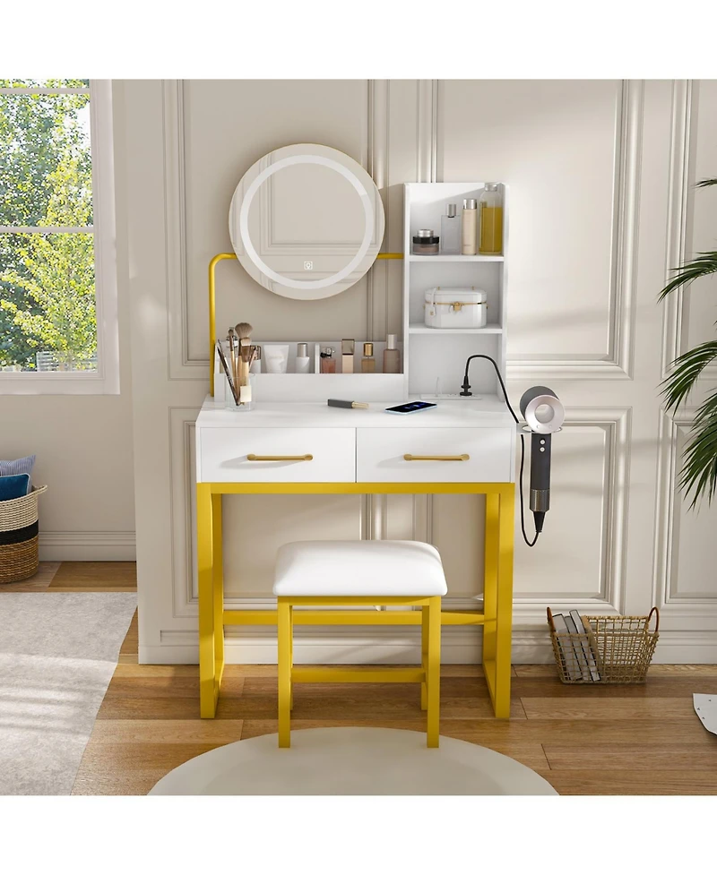 Streamdale Furniture Makeup Vanity with Led Lights, Power Outlet, Drawers & Chair (White