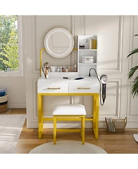 Streamdale Furniture Makeup Vanity with Led Lights, Power Outlet, Drawers & Chair (White