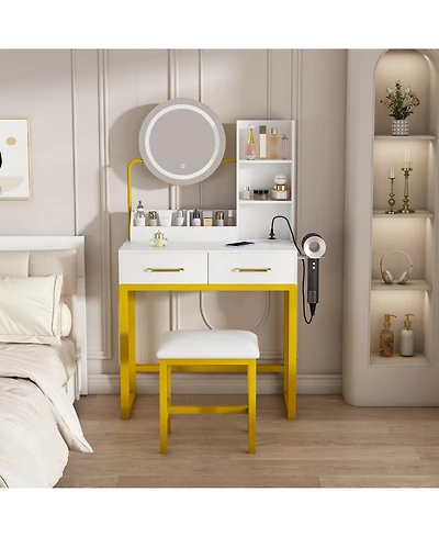 Streamdale Furniture Makeup Vanity with Led Lights, Power Outlet, Drawers & Chair (White