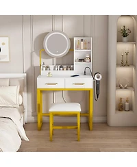 Streamdale Furniture Makeup Vanity with Led Lights, Power Outlet, Drawers & Chair (White