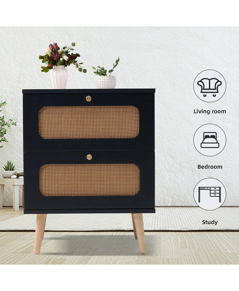 Streamdale Rattan Nightstand with 2 Decorated Drawers
