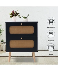 Streamdale Rattan Nightstand with 2 Decorated Drawers