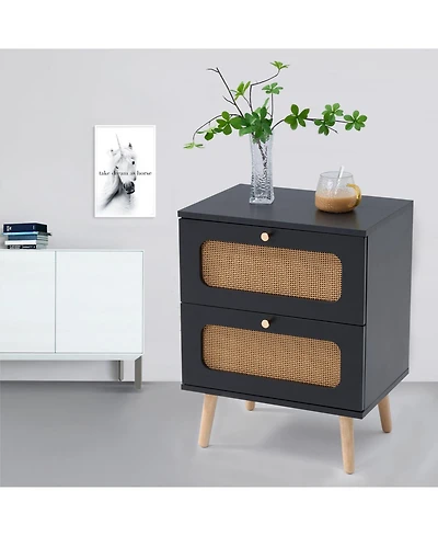 Streamdale Rattan Nightstand with 2 Decorated Drawers