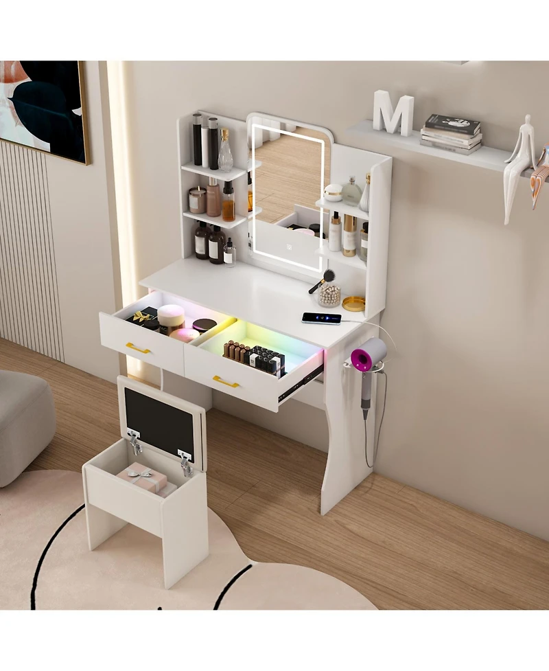 Streamdale Furniture Vanity Desk with Led Lights Mirror, Power Outlet, Drawers & Chair - White