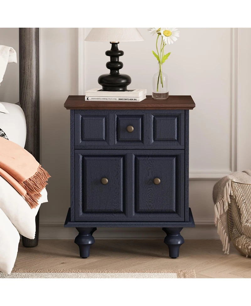 Streamdale Vintage Nightstand 2 Drawer Roman Column Legs Dark Blue
