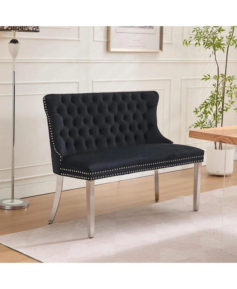 Streamdale Furniture + Loveseat Bench + Velvet + Tufted, Wing Back, Silver Legs + Dining