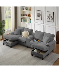 Streamdale Furniture 120" Corduroy Sectional Sofa Bed w/Storage, U-Shape, 4-Seater, Cup Holders