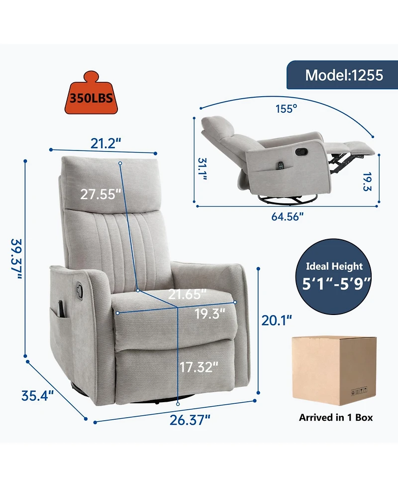 Streamdale Furniture Streamdale Light Grey Heat Massage Rocker Swivel Recliner