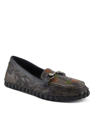 L'Artiste Women's Delavigne Handpainted Floral Loafers with Gold Bit Accent, Cushioned Insole & Flexible Sole