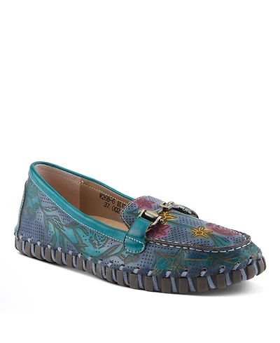 L'Artiste Women's Delavigne Handpainted Floral Loafers with Gold Bit Accent, Cushioned Insole & Flexible Sole