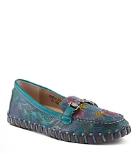 L'Artiste Women's Delavigne Handpainted Floral Loafers with Gold Bit Accent, Cushioned Insole & Flexible Sole