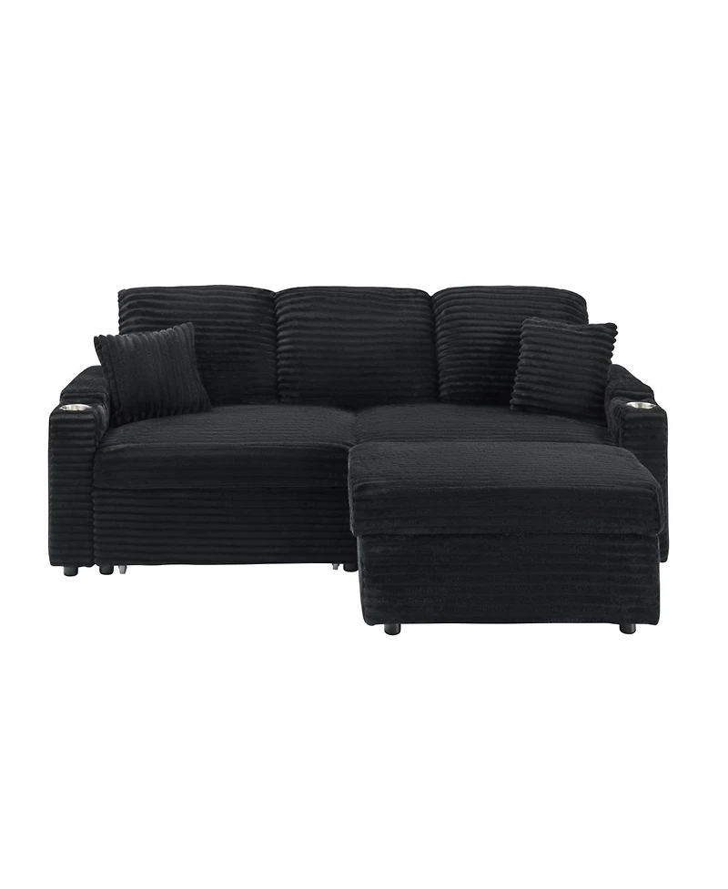 Streamdale Furniture 80" Corduroy Sofa with Reclining, Cup Holders & Removable Footstool, Black