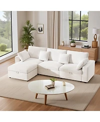Streamdale Furniture Oversized Cloud Sectional Couch with Ottoman, Velvet Sofa, Removable Pillows, Beige