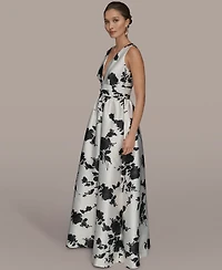 Donna Karan New York Women's Short Sleeve V-neck Floral Print Mikado Gown