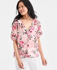 Style & Co Women's Printed Ruffled V-Neck Puff-Sleeve Top, Macy's Exclusive