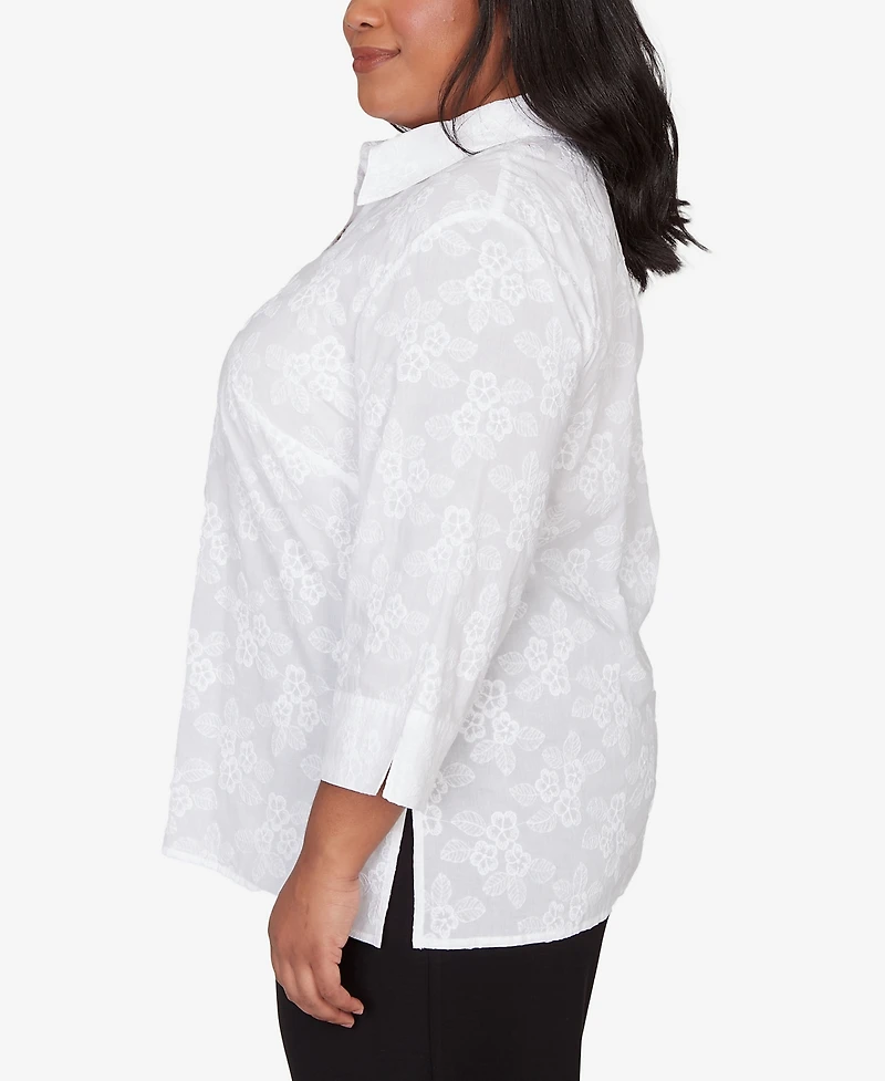 Alfred Dunner Plus Classic Collared Flower Embroidered Top