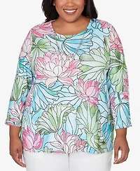 Alfred Dunner Plus Classic Stained Glass Floral Print Top with Necklace