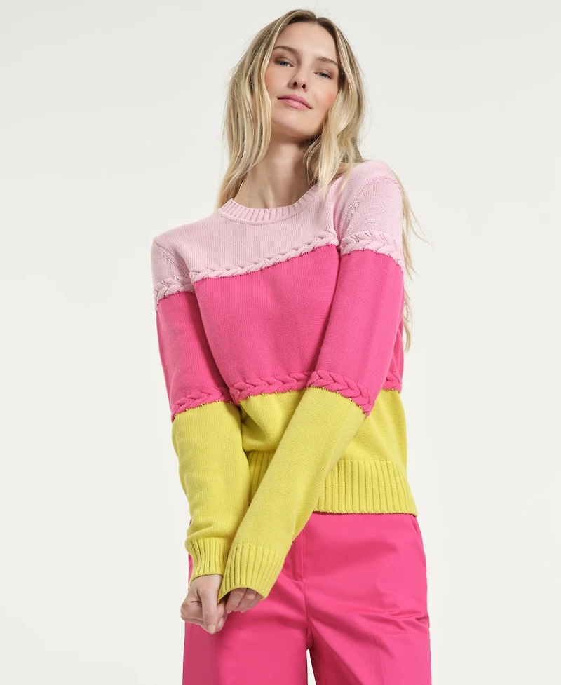 Isaac Mizrahi Women's Braided Color-Block Crewneck Sweater