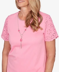 Alfred Dunner Women's Classic Solid Eyelet Sleeve T-Shirt with Necklace