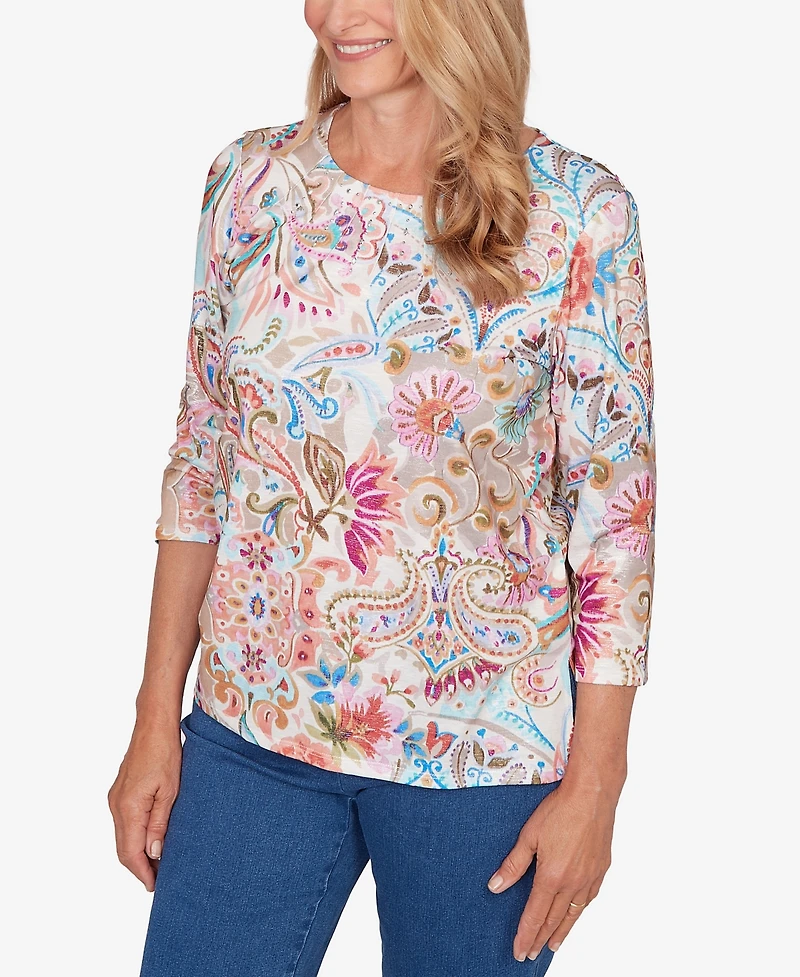 Alfred Dunner Women's Classic Paisley Floral Pleated Neck Top