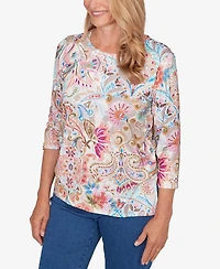 Alfred Dunner Women's Classic Paisley Floral Pleated Neck Top