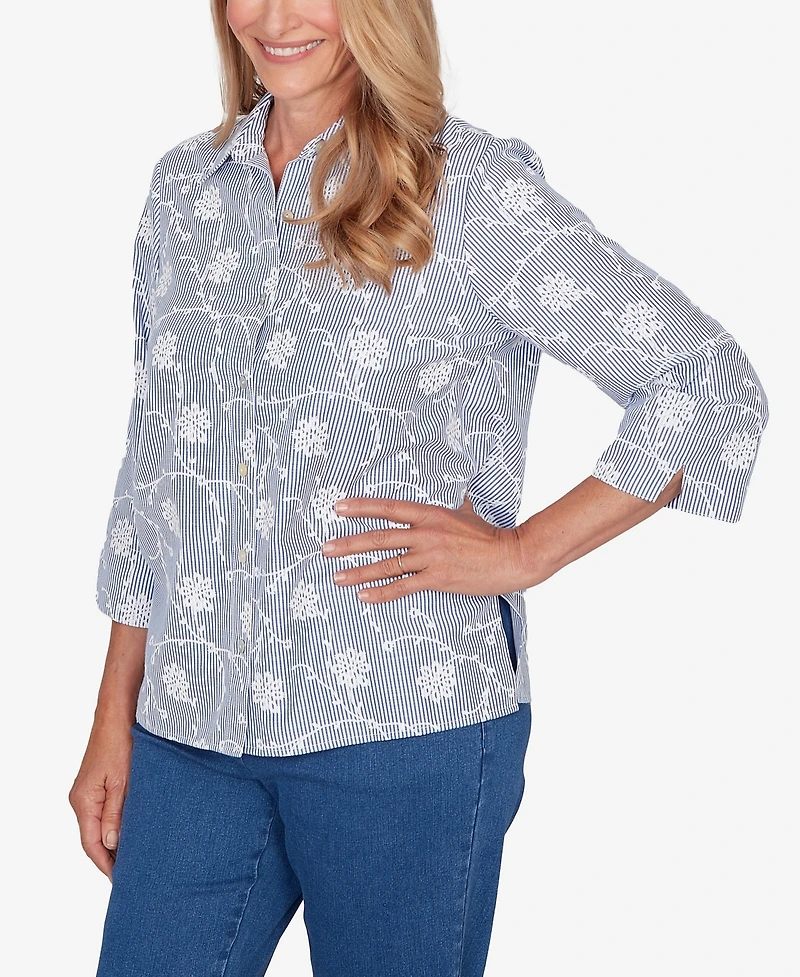 Alfred Dunner Women's Classic Puff Print Pinstripe Embroidered Button Down Top