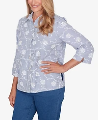 Alfred Dunner Women's Classic Puff Print Pinstripe Embroidered Button Down Top