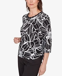 Alfred Dunner Women's Classic Floral Linework Side Tie Ruched Top