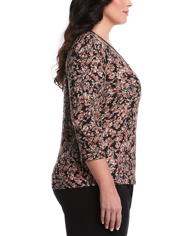 Rafaella Plus Floral Print 3/4 Puff Sleeve V-Neck Top