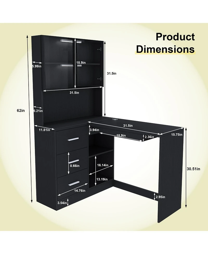 Streamdale L-Shaped Corner Desk with Led, Usb, Keyboard Tray - Black