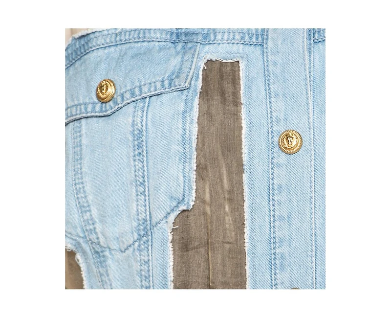 Pre-Owned Balmain Women's Bicolor Sheer Silk Panelled Denim Trim Shirt Dress