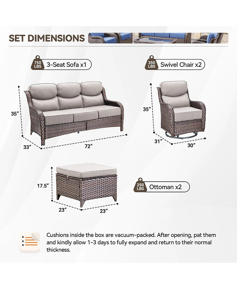 Gymojoy Crescent Swivel Glider All-Weather Pe Wicker Patio Conversation Set with Olefin 6 In. Thick Cushions/Sofa (5-Piece