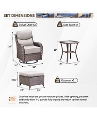 Gymojoy Crescent Swivel Glider All-Weather Pe Wicker Patio Conversation Set with Olefin 6 In. Thick Cushions/Ottoman (5-Piece