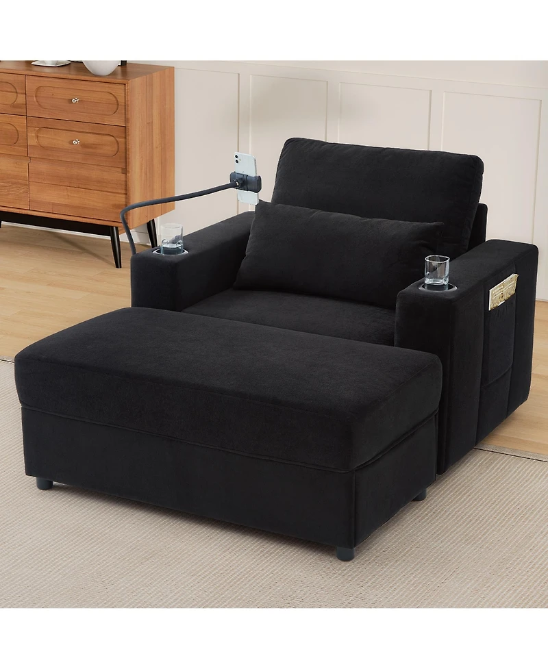 Streamdale Furniture Modern Armchair Chaise Lounge Sofa with Ottoman, Usb Ports & Cup Holders - Black