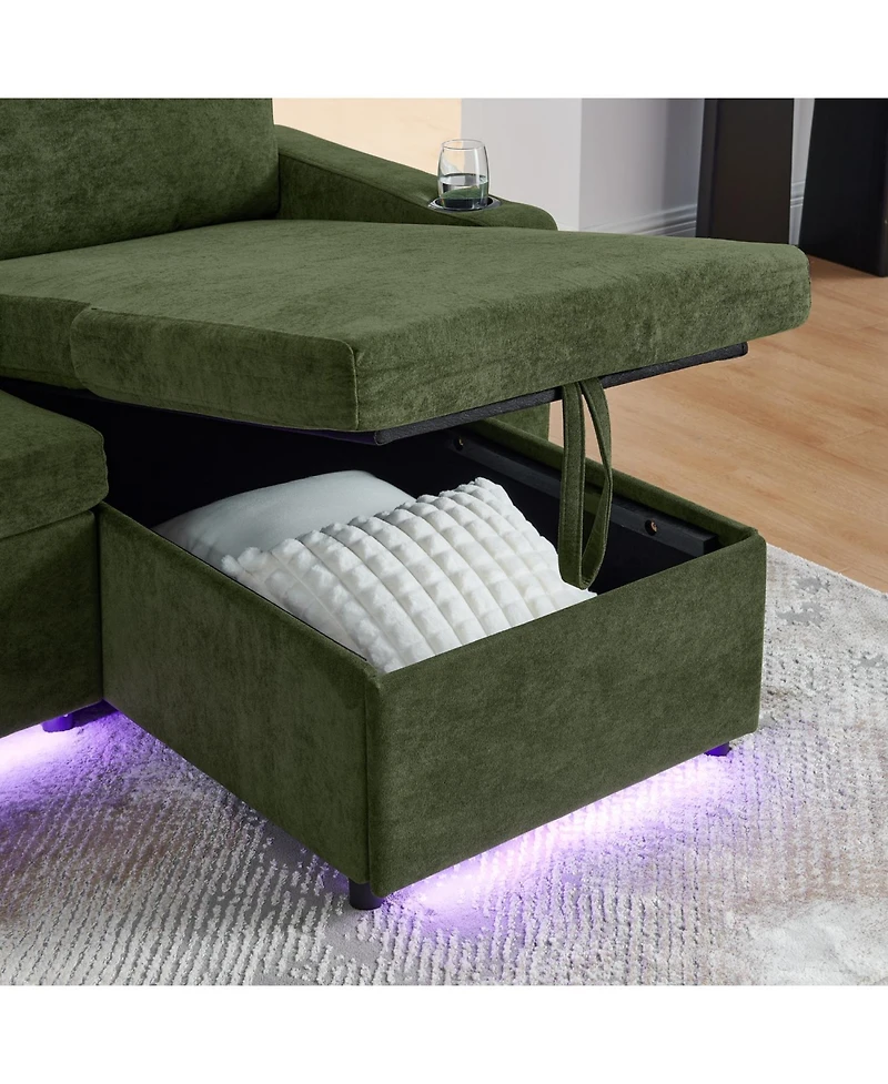 Streamdale Furniture + Sofa Bed + Chenille + Pull-Out w/ Table, Led, Usb & Cup Holders