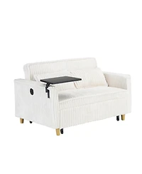 Streamdale Furniture Beige Corduroy Pull-Out Sofa w/ Movable Tabletop & Usb