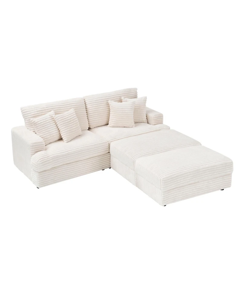 Streamdale Furniture White Corduroy Sofa w/ Storage Legs & Pillows