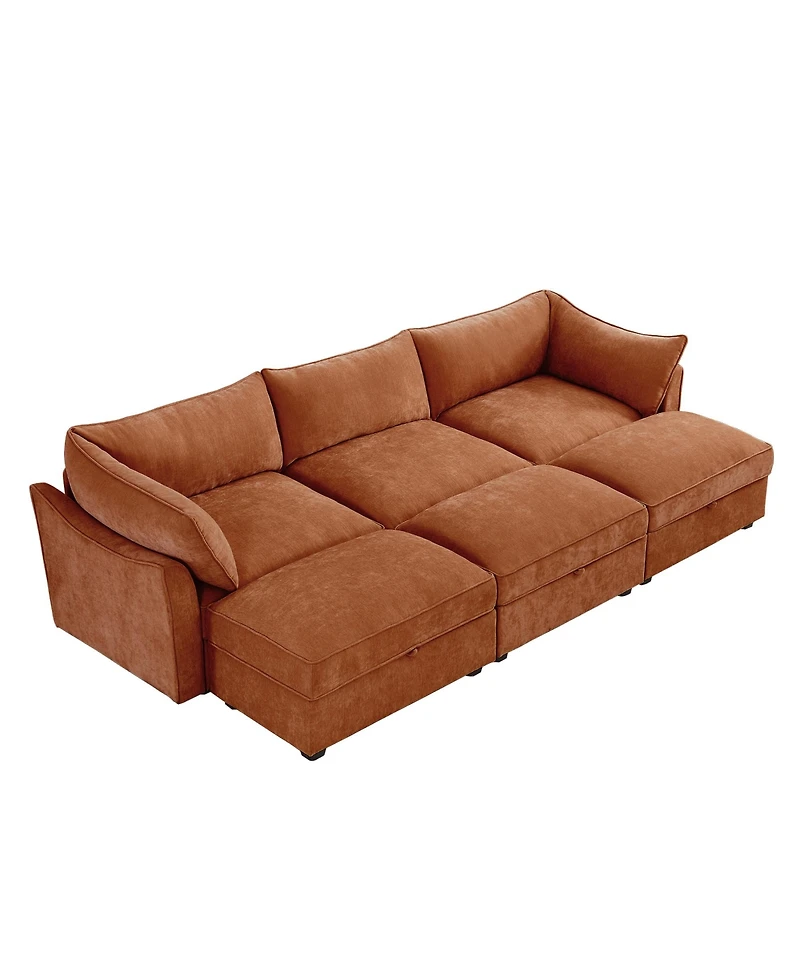 Streamdale Furniture 3-Seat Sofa w/ Ottomans & Storage - Chenille Orange