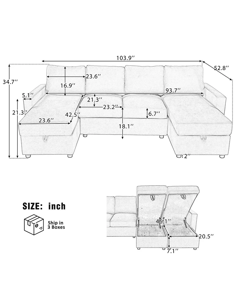 Streamdale Furniture + 103.9" + Fabric (assuming material is fabric) + Storage Chaise & Usb + Sectional Sofa