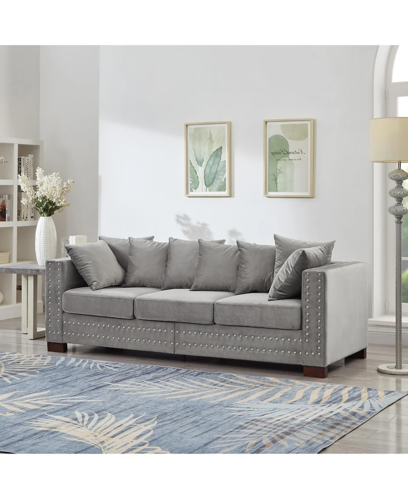 Streamdale Furniture Modern Grey Velvet Sofa Silver Nailhead Trim