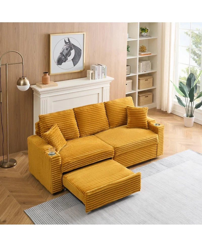 Maison Boucle 80" Pull-Out Corduroy Sleeper Sofa Bed with Cup Holders & Pillows for Living Room or Apartment