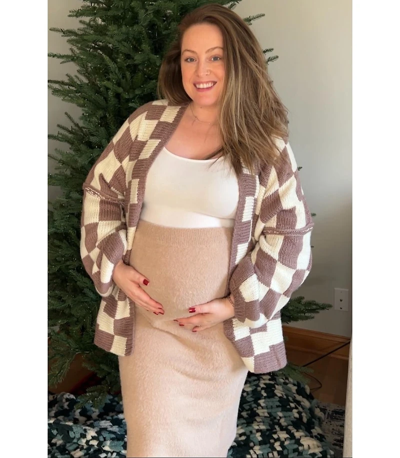 Pinkblush Maternity Taupe Checkered Print Oversized Cardigan