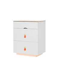 Streamdale Furniture 3-Drawer Led Nightstand, Glass Top, Faux Leather Handles