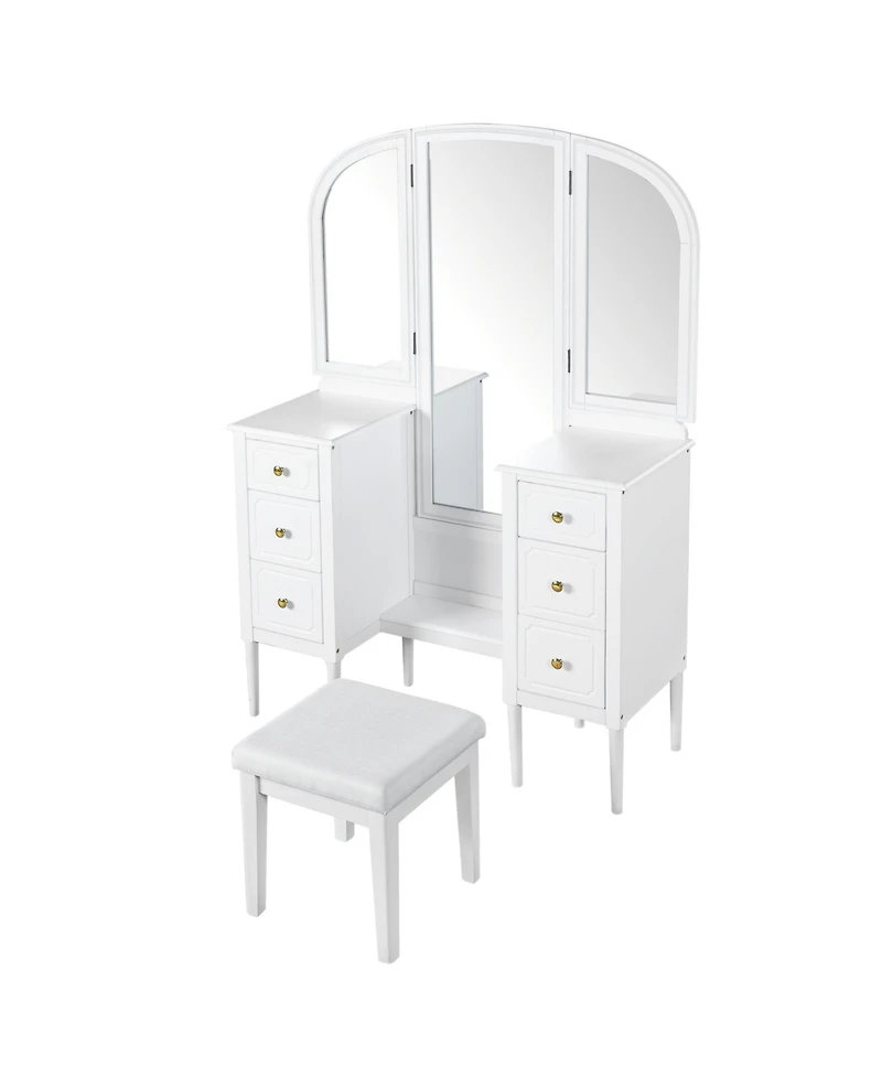 Streamdale Furniture Antique White Vanity Set with Triple Mirror & Stool