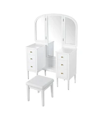 Streamdale Furniture Antique White Vanity Set with Triple Mirror & Stool