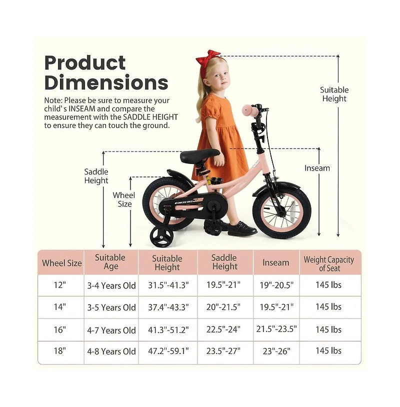 Hongge Kids Training Bike with Adjustable Seat Dual Brake System and Rubber Tires