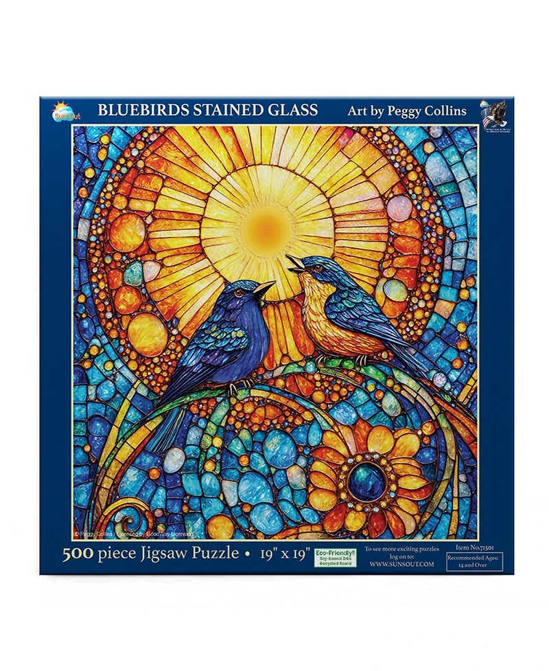 SunsOut Bluebirds Stained Glass 500 piece Jigsaw Puzzle for Adults