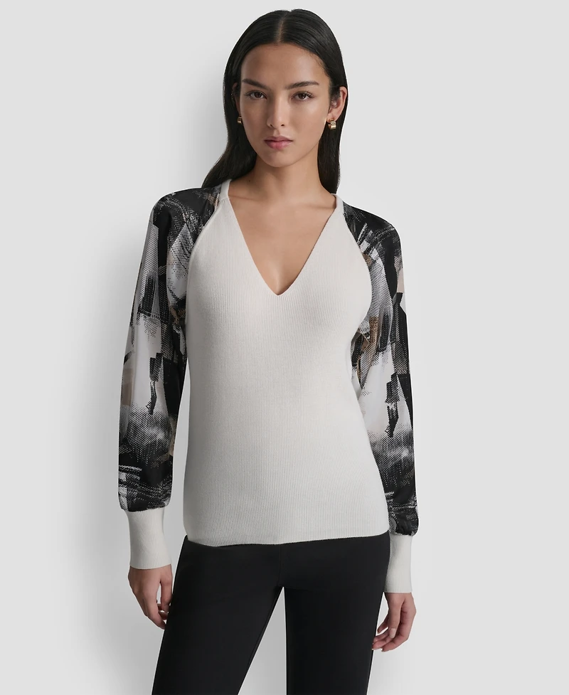 Dkny Women's Printed Organza-Sleeve V-Neck Shirt