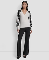 Dkny Women's Printed Organza-Sleeve V-Neck Shirt